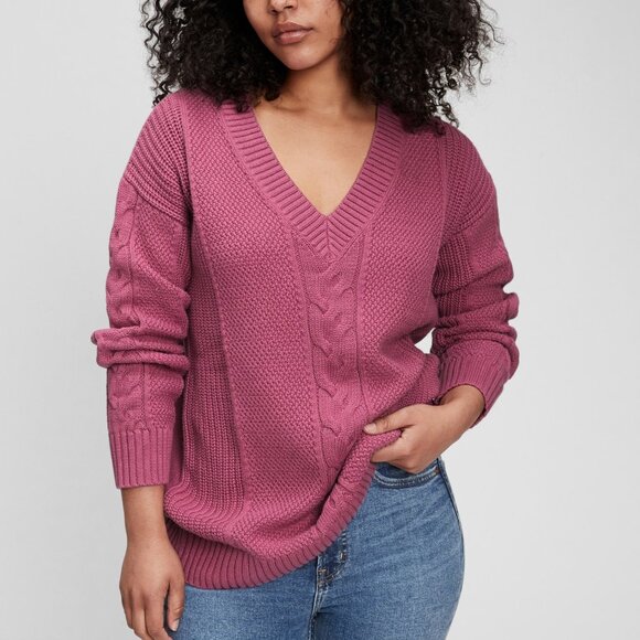 GAP Cable Knit V-Neck Fisherman Cotton Tunic Sweater Damson Pink S - Picture 1 of 10